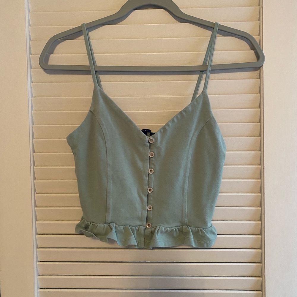 Green Button-Up Ruffle Hem Top